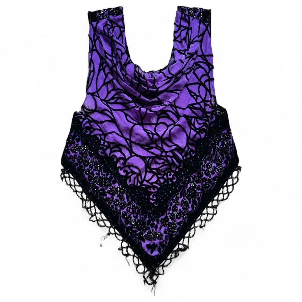 Whimsygoth Women's Vest Purple Size M Burnout Velvet Beaded Tassels Fairy Goth